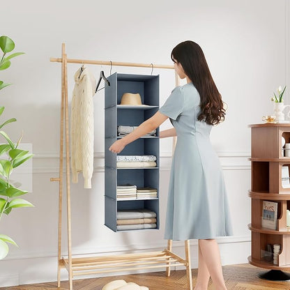Hanging Closet Organizer 5-Shelf, Easy Mount Foldable Wardrobe Storage Shelves, Clothes Handbag Shoes Accessories, Washable Oxford Cloth Fabric, Gray