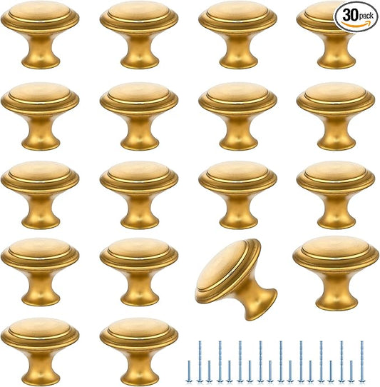 JOY DECOR 30 Pack Gold Cabinet Drawer Hardware 30mm Kitchen Cabinet Knobs Drawer Pulls with Installation Screws for Dressers Kitchens Cupboard