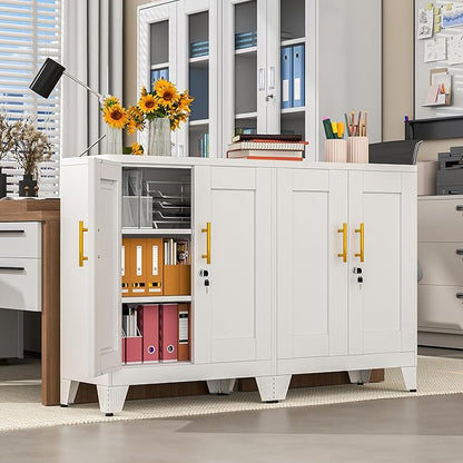 35.43" Metal Storage Cabinet with Lock, Metal File Cabinet with 2 Doors ＆ 2 Adjustable Shelves, Steel Locker Utility Tool Garage Cabinets for Home, Office, Warehouse (White)