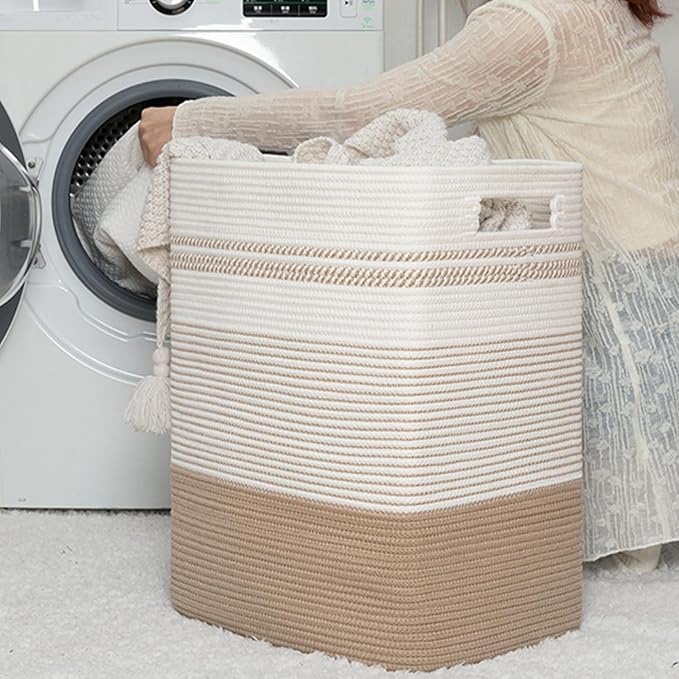 Laundry Basket, Large Woven Rope Tall Laundry Basket with Handles, Decorative Storage Basket for Clothes and Blankets in Living room, Bedroom