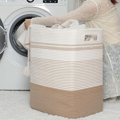 Laundry Basket, Large Woven Rope Tall Laundry Basket with Handles, Decorative Storage Basket for Clothes and Blankets in Living room, Bedroom