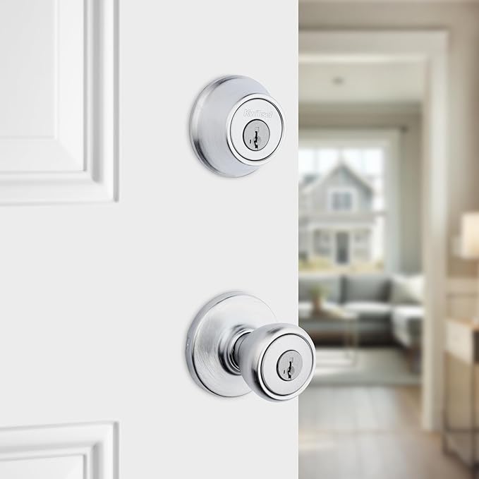 Kwikset Tylo Front Door Lock Handle and Deadbolt Set, Entry Handleset Exterior with Interior Door Knob, Satin Chrome, Pick Resistant SmartKey Rekey Deadbolt Security