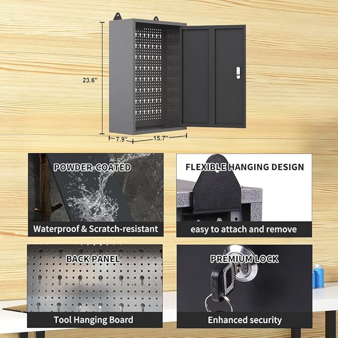JZD Metal Storage Wall Mounted Lockable Cabinet with 22 Tool Hooks, for Garage Basement Workshop, Black & Gray