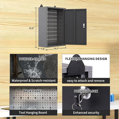JZD Metal Storage Wall Mounted Lockable Cabinet with 22 Tool Hooks, for Garage Basement Workshop, Black & Gray