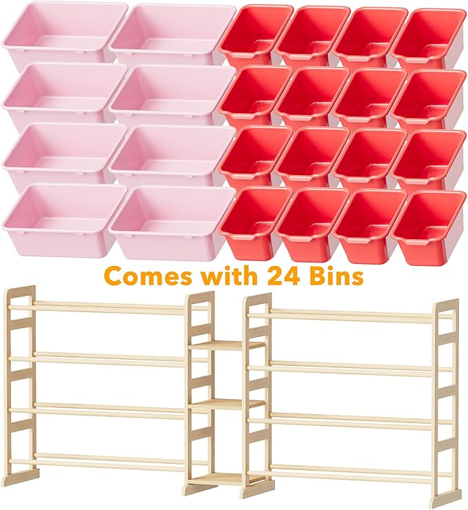 SpaceAid Large Toy Storage Organizer with 24 Bins and 3 Shelves, Toy Organizers Storage Bookshelf, Kids Bin Shelf Box Bookcase for Bedroom Playroom Organization Room Decor, Red and Pink
