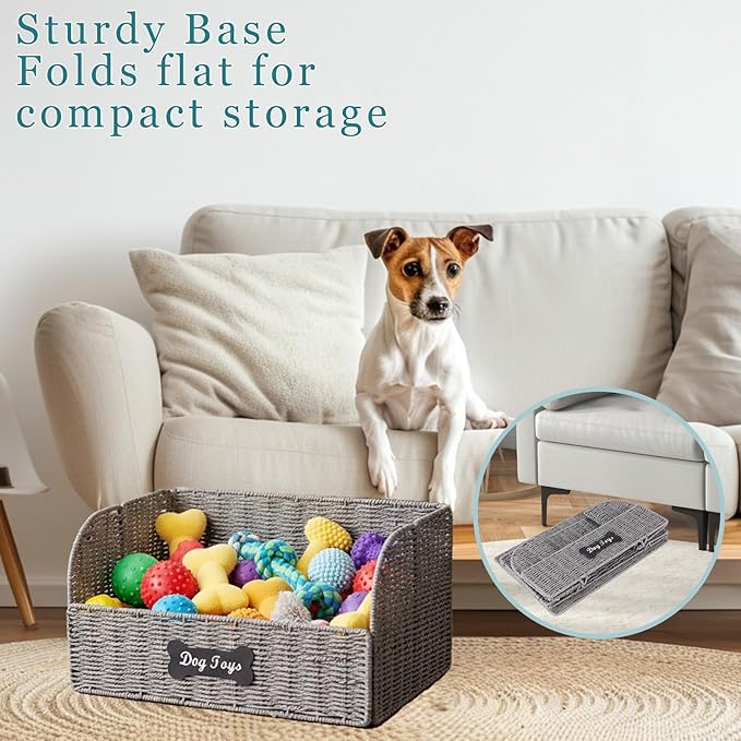 Pet Dog Toy Storage Basket,Collapsible Woven Paper Rope for Dog Cat Toys,Trapezoid Dog Toy Bin,Dog Storage Organizer with Wire Frame,Ideal for Living Room,Playroom(Black)