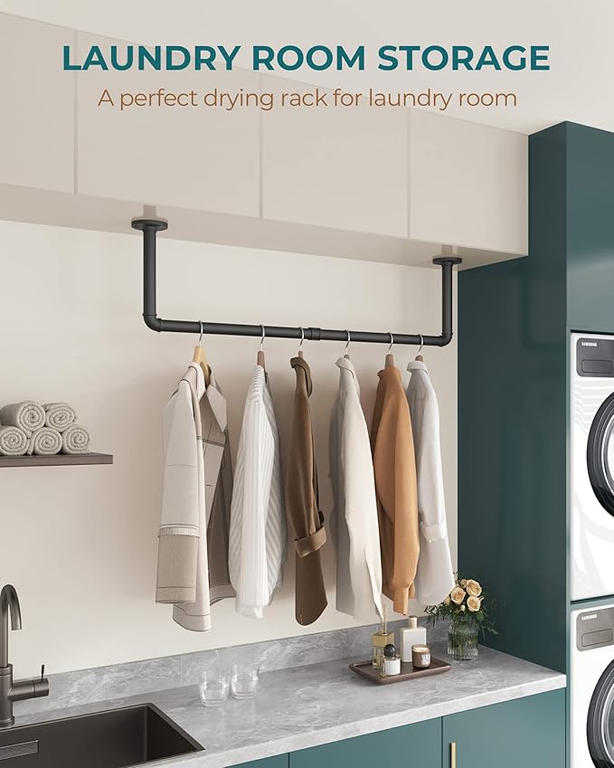 OROPY Industrial Pipe Clothes Rack Wall Mounted Set of 2, 38.4 inches Heavy Duty Iron Pipe Clothing Garment Rail, Multi-Purpose Clothing Hanging Rod for Laundry Room and Closet Storage