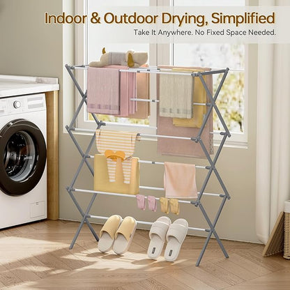 KINGBOARD Clothes Drying Rack, Collapsible Drying Rack Clothing with 11 Poles, 3-Tier Laundry Drying Rack, Small Clothes Drying Rack Foldable for Baby Clothes, 25lb Capacity, Grey