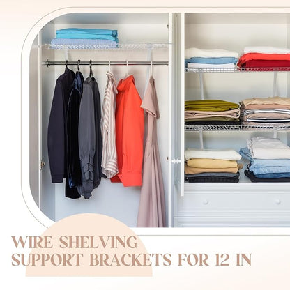 12 Pcs Support Brackets for 12in Wide Shelving Wire Wire Shelf Brackets Closet Rod Bracket Closet Support Bracket with Anchors and Pins for Installation Wires Shelving Supports Closets