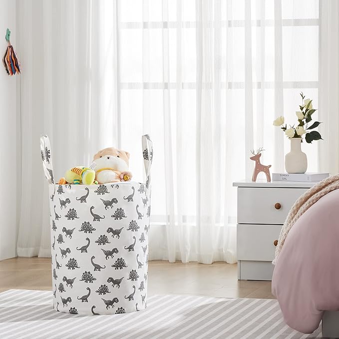 Large Storage Basket for Girls and Boys, Collapsible Laundry Hamper with Long Handles, Toy Bins for Nursery, Kids Room Décor (Grey Dinosaur)