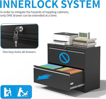 2 Drawer Lateral File Cabinet with Lock, Metal Lateral Filing Cabinet for Home Office, Steel Wide Horizontal Filing Cabinets for Letter/Legal/A4/F4 Hanging Files (Black)