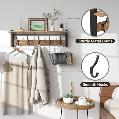 Coat Rack Wall Mount with Shelf, 24 Inch Coat Hanger Walls Mounted, Hat Rack for Walls, Shelf with 5 Coat Hooks, Wall Hanger for Entryway (Brown)