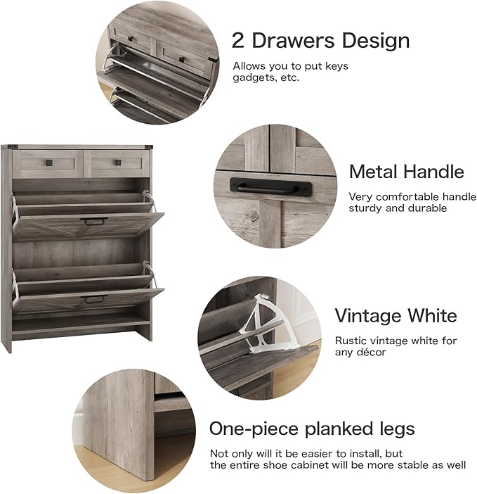 Shoe Cabinet with 2 Flip Drawers & 2 Drawers,Farmhouse Shoe Storage Cabinet for Entryway,Slim Freestanding Narrow Organizer Rack for Front Door Entrance,Grey