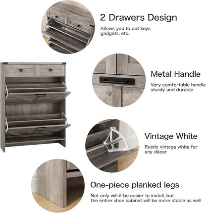 Shoe Cabinet with 2 Flip Drawers & 2 Drawers,Farmhouse Shoe Storage Cabinet for Entryway,Slim Freestanding Narrow Organizer Rack for Front Door Entrance,Grey