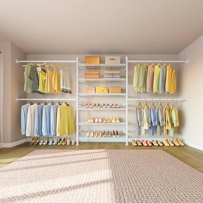 Timate S3X PLUS Closet System, Expandable Wall Mounted Closet with 6 Adjustable Shelves & 4 Expandable Hanger Rods, Industrial Pipe Clothing Rack for Hanging Clothes, Fits Spaces 6'11"- 9'10", White