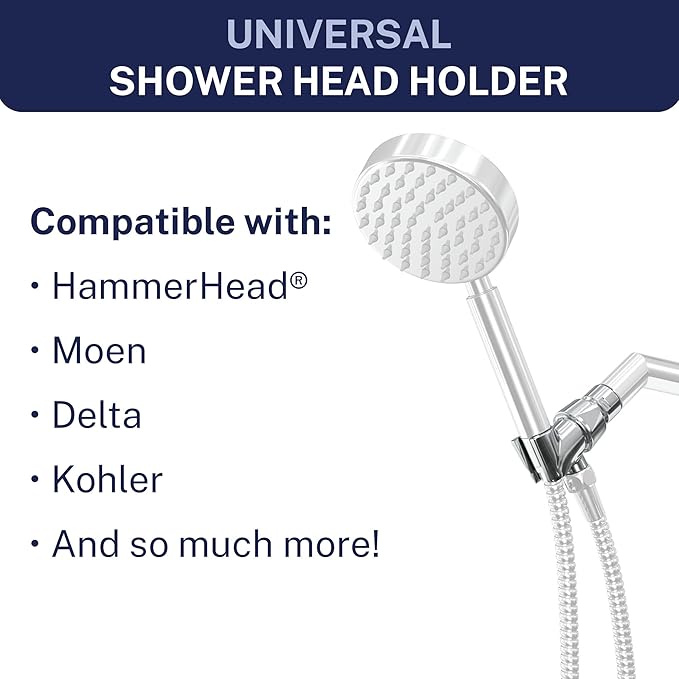 HammerHead Showers® Solid Metal Handheld Shower Head Holder - Chrome - Adjustable Shower Wand Holder with Wall Hook Bracket and Pivot Ball - Hand Held Shower Head Holder - Shower Hose Holder