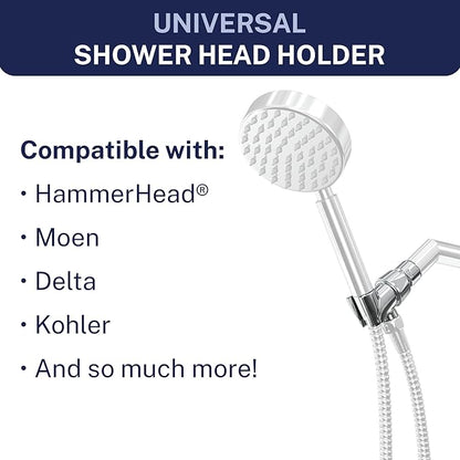 HammerHead Showers® Solid Metal Handheld Shower Head Holder - Chrome - Adjustable Shower Wand Holder with Wall Hook Bracket and Pivot Ball - Hand Held Shower Head Holder - Shower Hose Holder