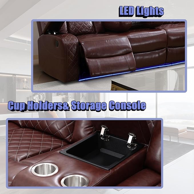 Power Sectional Reclining Sofa Set, Brown Breathing Leather Power Recliner Sofa Set with LED Light, Living Room Furniture with 3 Recliner Seats/Cup Holder/Storage Console for Living Room