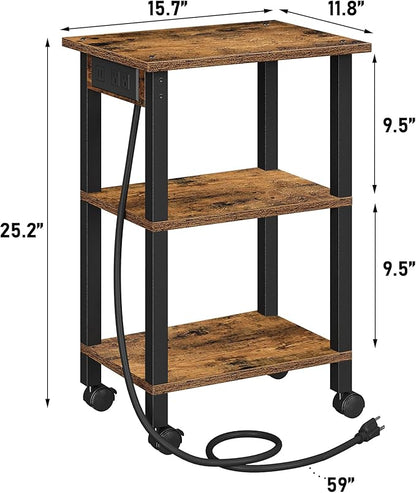 TUTOTAK 3 Tier Printer Stand, Rolling Printer Cart with Power Outlets and USB Ports, Mobile Printer Table with Wheels, for Under Desk, Office, Home,Brown PS02BB001