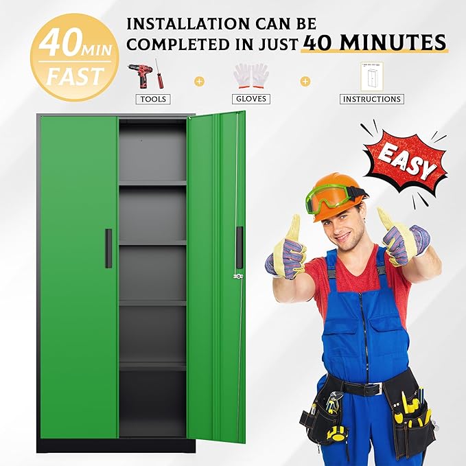 SUNCROWN 72" Metal Storage Cabinet - Heavy-Duty Metal Garage Cabinet with 4 Adjustable Shelves & 2 Doors for Tools, Office, Home, Workshop,Black & Green-Small
