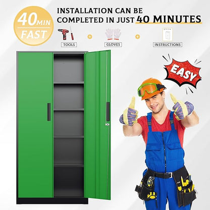 SUNCROWN 72" Metal Storage Cabinet - Heavy-Duty Metal Garage Cabinet with 4 Adjustable Shelves & 2 Doors for Tools, Office, Home, Workshop,Black & Green-Small
