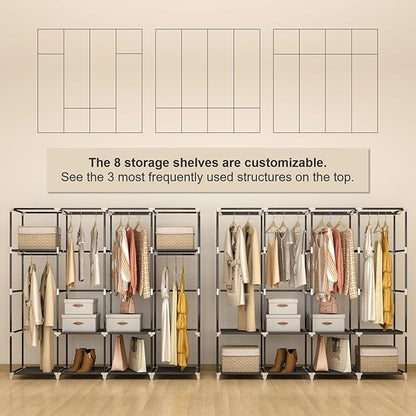 Portable Closet Wardrobe, 67-Inch Clothes Organizer with 4 Hanging Rods and 8 Shelves, Non-Woven Fabric Cover, Large Capacity Storage for Bedroom and Living Room, Grey