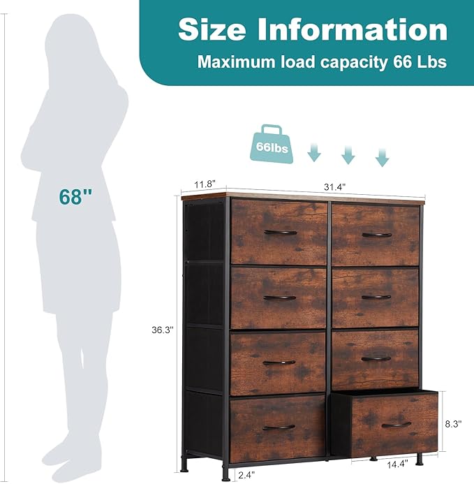 OLIXIS 8 Drawer Storage Dresser with Wood Top - Wide Fabric Chest Organizer for Bedroom, Closet, Living Room,Tower Cabinet, TV Stand, Hallway Entryway Furniture,Brown