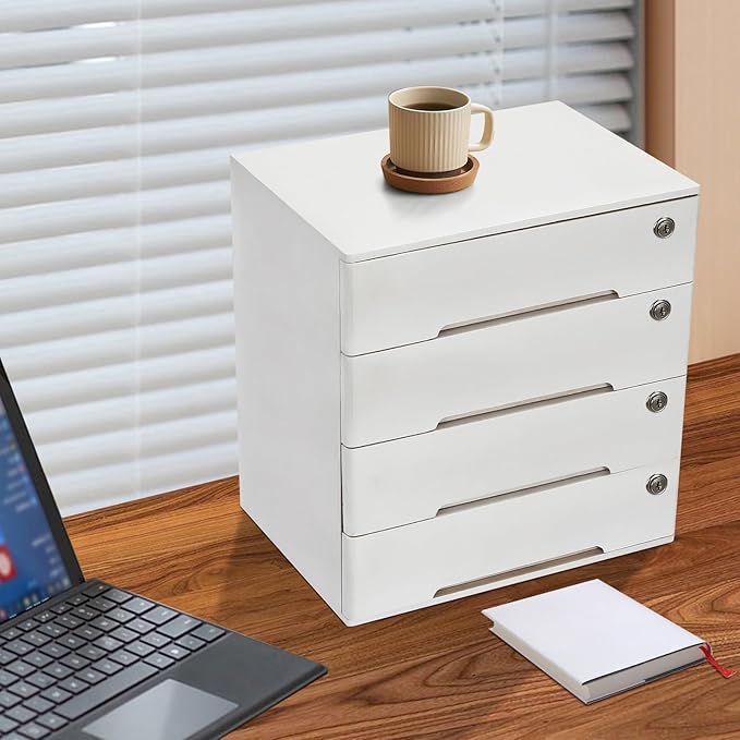 4 Drawers Wood Storage Box, Flat File Cabinet, Storage Cabinet Organizer with Lockable Drawers, Office Supplies File Organizer, Art Storage Cabinets, Multipurpose Tool Box for Home Office (White)