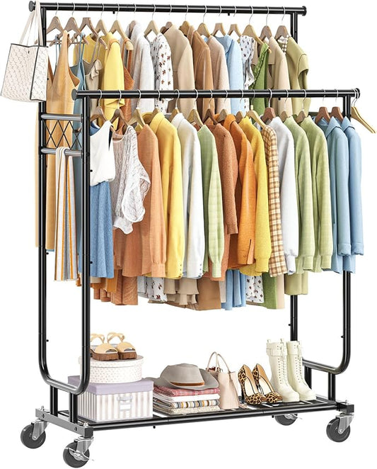 Heavy Duty Clothes Rack, Rolling Clothing Rack With Shelves Load 450 LBS, Double Rod Clothing Racks with Wheels for Hanging Clothes, Black