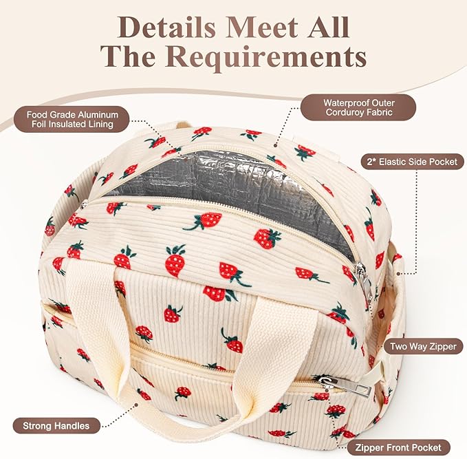 Lunch Box for Women, Cute Strawberry Corduroy Insulated Lunch Bag Women Reusable Work Leakproof Simple Adults Large Lunch Boxes Tote Bag Men Cooler Bag