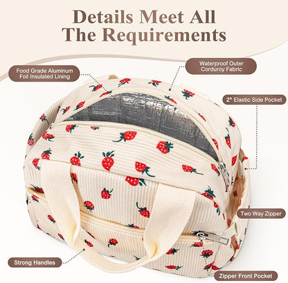 Lunch Box for Women, Cute Strawberry Corduroy Insulated Lunch Bag Women Reusable Work Leakproof Simple Adults Large Lunch Boxes Tote Bag Men Cooler Bag