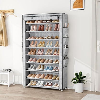 Shoe Rack with Cover, 10 Tier Shoe Organizer Storage for 40-50 Pairs Sneaker and Boots, Large Capacity, with 8 Pockets, Free Standing Tall Shoe Rack for Front Door Entrance, Closet, Printing