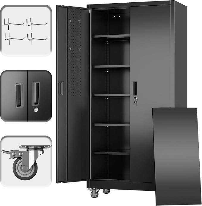 Garage Storage Cabinet with Wheels, Metal Storage Cabinet with 5 Adjustable Shelves and Pegboard for Garage Home Utility Room,Required Assembly,Black，71" H×34" W×18" D