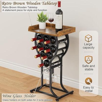 X-cosrack Wine Rack Freestanding Floor, Mini Wine Storage Rack, Desktop Wine Bottle Display Stand with Wine Glass Holder, Mini Bar Table with Tabletop for Home Bar Kitchen Living Room