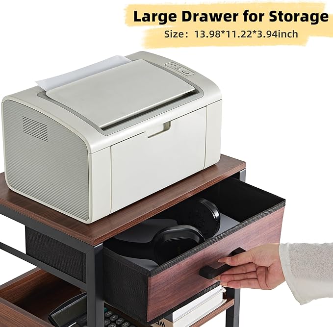 Lerliuo Walnut Printer Stand with Fabric Drawer, 3 Tier Industrial Side Table, Modern Small Printer Desk Holder with Storage Shelf,Multi-Functional Bedside Tables for Home Office Fax Machine Scanner