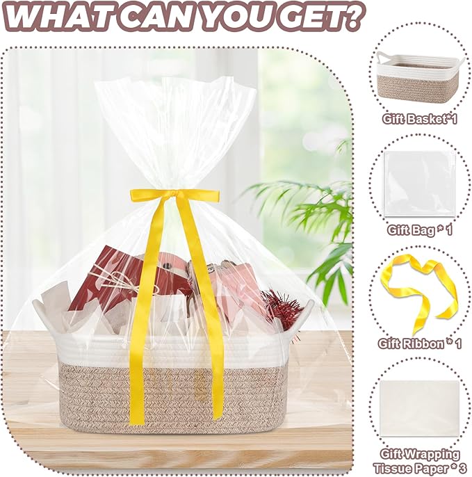 Basket for Gifts Empty, Woven Storage Basket with Gift Bag, Ribbon and Wrap Tissue Paper, Small Rope Toy Storage with Handles for Baby Shower, Dog Toy Organizer, 13.6" x 10" x 5.9”