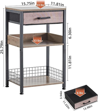 Lerliuo Grey Printer Stand with Fabric Drawer, 3 Tier Industrial Side Table, Modern Small Printer Desk Holder with Storage Shelf,Multi-Functional Bedside Tables for Home Office Fax Machine Scanner