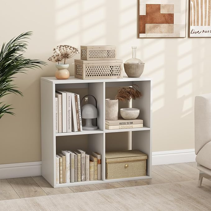 Giantex 4-Cube Bookcase, White Cubby Bookshelf w/Back Guardrail & Anti-Tipping Kits, 6-Tier Freestanding Storage Organizer with Shelves, Open Back Display Rack for Living Room, Bedroom, Study