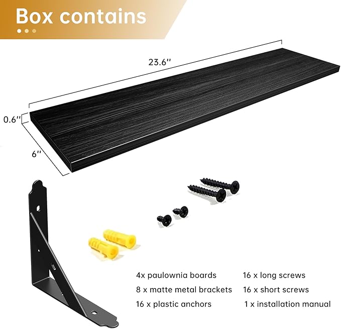 Wood Floating Shelves Set of 4, Rustic Storage Decor Wall Shelves, Wall Mounted Shelf for Living Room, Bedroom 23.6" x 6", Black