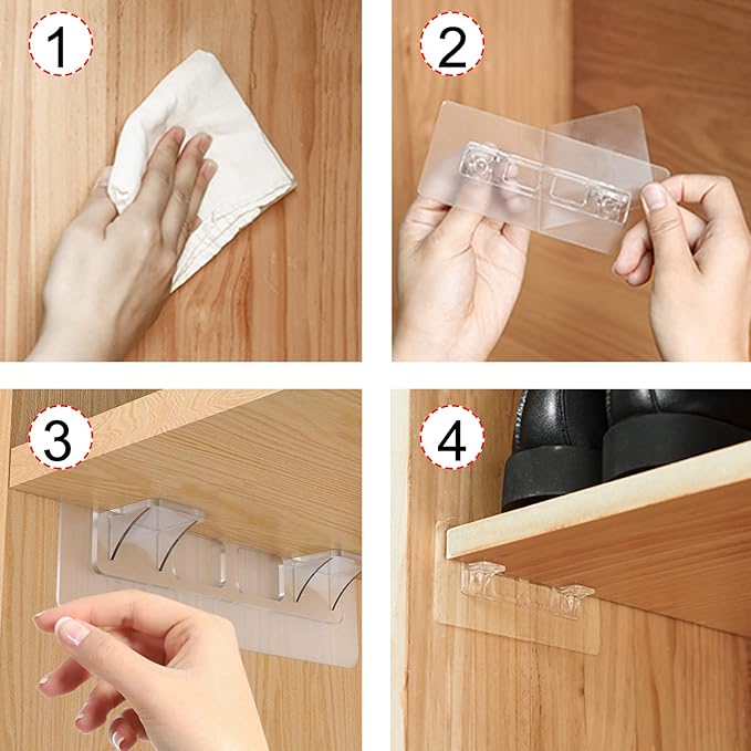 12 Pcs Punch Free Shelf Support Pegs Self Adhesive Shelves Clips No Drill Shelf Bracket Holders Pin for Kitchen Cabinet Book Shelves Closet Clapboard Layer (2-Pegs)