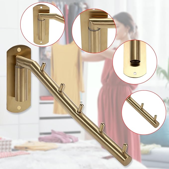 Sumnacon Stainless Steel Clothes Hanger Rack-Wall Mount Garment Hook with Swing Arm, Sturdy Coat Robe Storage Organizer for Laundry Room Bedrooms Clothing Drying Rack with 5 Hooks, Gold