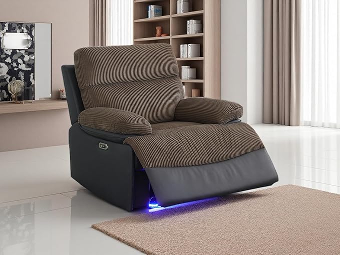Living Room Furniture Sets, Grey Blue Breathing Leather Power Reclining Chair, Power Sectional Recliner Sofa Set, Reclining Chair with Recliner Seat, Storage Console, LED Light for Living Room