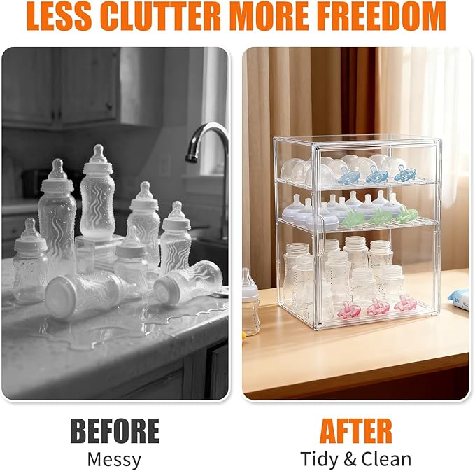 YESGIRL 3-Tier Clear Baby Bottle Organizer,Clear Stackable Acrylic Storage With Drawer for Countertop Cabine Storage Station Case Box Container for Nipples Pump Parts Food Jars