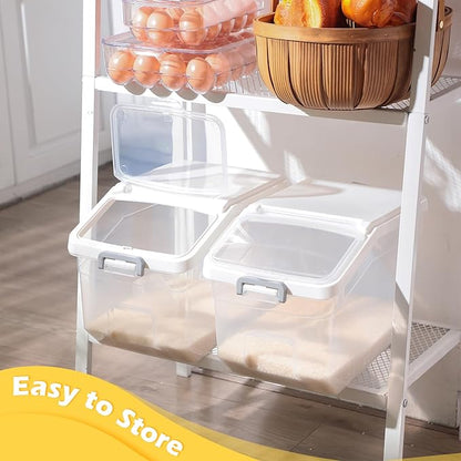 Sunnyray 4 Pcs Rice Storage Container 28 lb Airtight Flour Container with Wheels Measuring Cup Clear Pet Food Cube Dog Birds Cat Food Bin Grain Cereal Organizer Box for Dry Baking Supplies(White Lid)