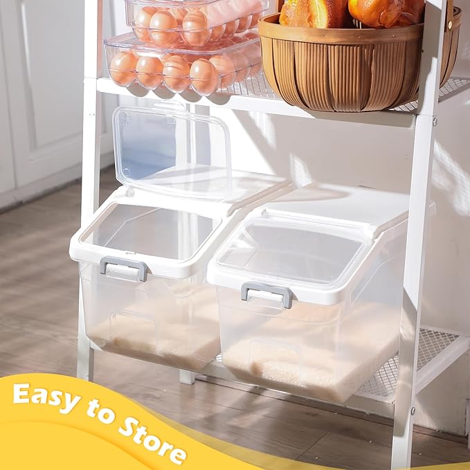Sunnyray 4 Pcs Rice Storage Container 22 lb Airtight Flour Container with Wheels Measuring Cup Clear Pet Food Cube Dog Cat Birds Food Bin Grain Cereal Organizer Box for Dry Baking Supplies(White Lid)