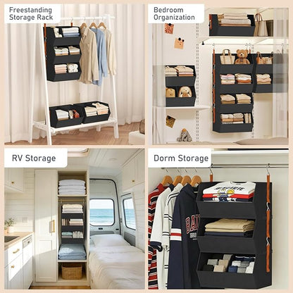 Hanging Closet Organizer Extra Large, Clothes Hanging Shelves for Closet with Divider, Collapsible Closet Storage System, Fabric Storage Bins for Home, Dorm, Rv, Sweaters, Handbags, Underwear, Sock