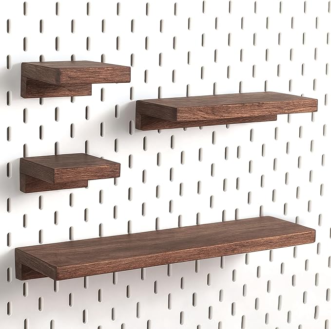 Pegboard Shelf Set Compatible with IKEA Skadis Pegboard - Walnut Finish Wood Shelves, 4-Pack No Assembly Pegboard Wall Organizers