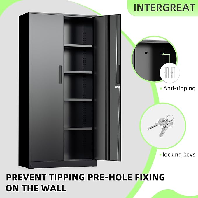 Bonusall 72" Storage Cabinet,2 Locking Doors & 4 Adjustable Shelves,Tall Cabinets,Heavy Duty Steel Cabinet for Home, Office, Warehouse, School (Black)