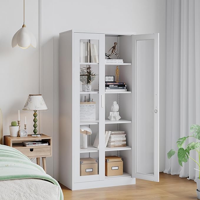 Tall Display Storage Cabinet with Tempered Glass Door, Metal Cabinet with 4 Adjustable Shelves for Home,Study,Living Room and Office (White)