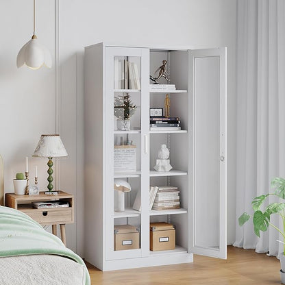 Tall Display Storage Cabinet with Tempered Glass Door, Metal Cabinet with 4 Adjustable Shelves for Home,Study,Living Room and Office (White)